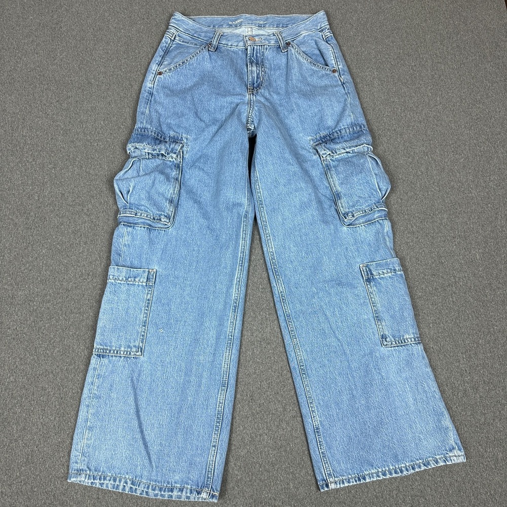 Old Navy Drapey Denim Cargo Jeans Womens Sz 0 Mid Rise Baggy Wide Leg Y2K Blue